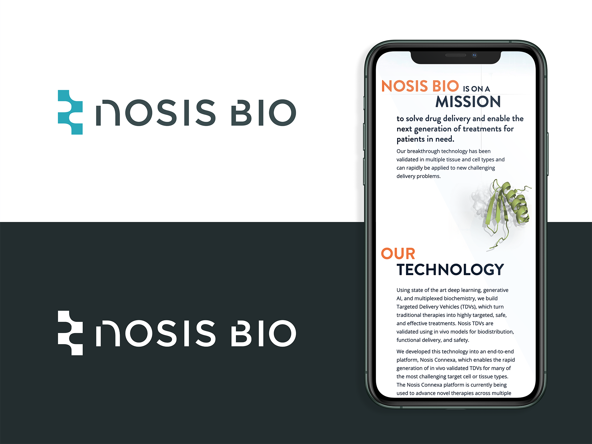 Nosis Bio logo, full color and inverted besides a mobile view of the website