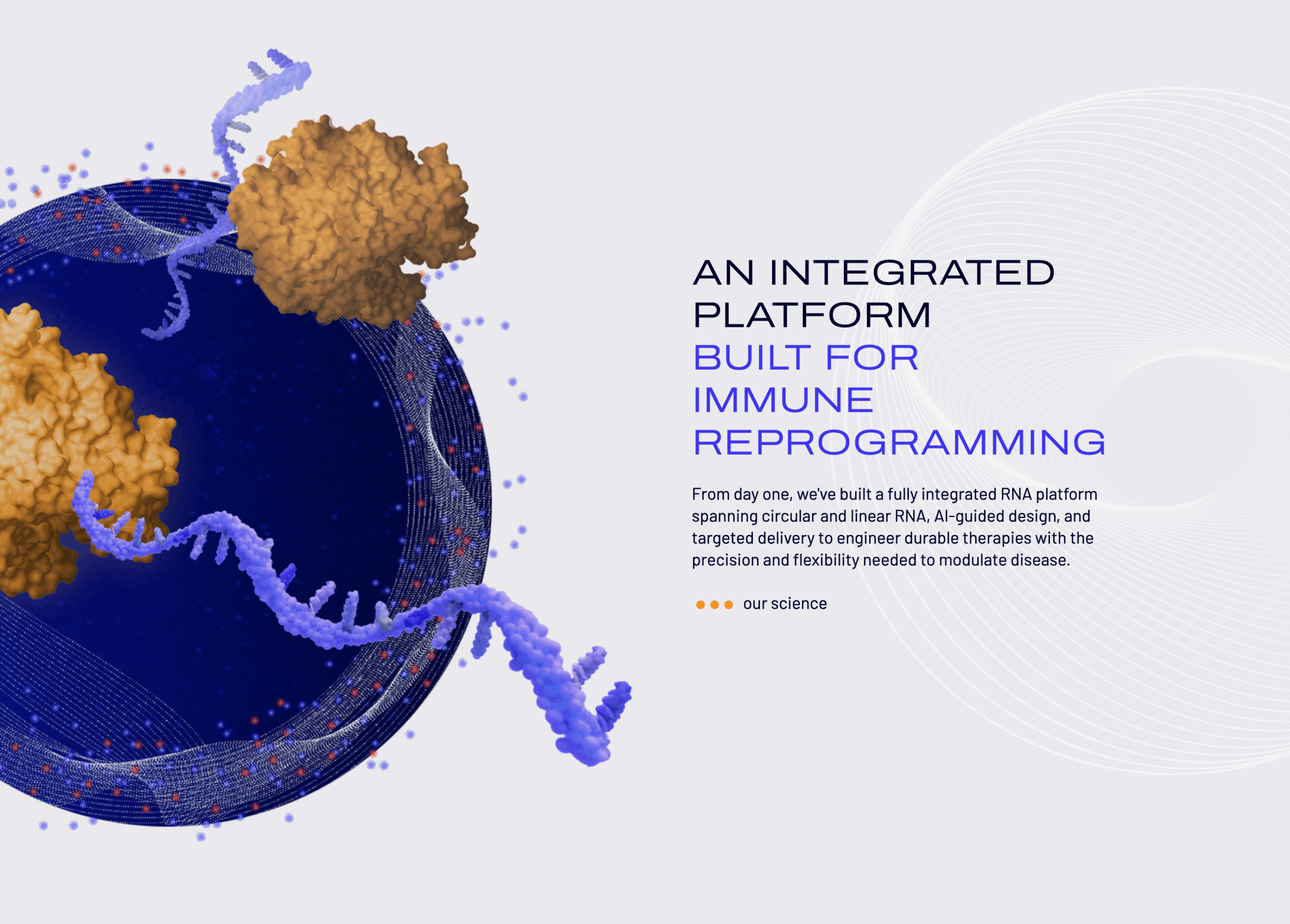 Screenshot of bold and vivid scientific visual of proteins and RNA strands in the website scroll